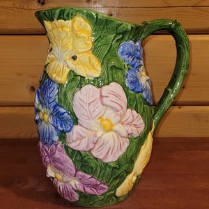 Vintage Water Pitcher Vase 3D Spring Irises Majolica Style Flowers Ceramic Art